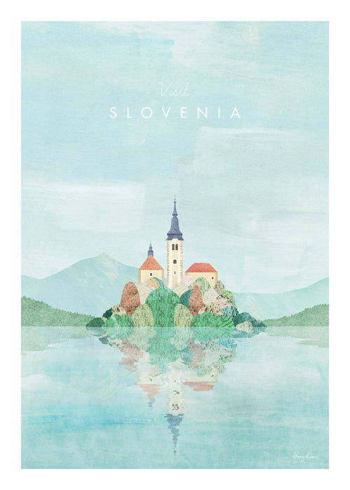 Stadsposter Slovenien: ö med kyrka och spegling
