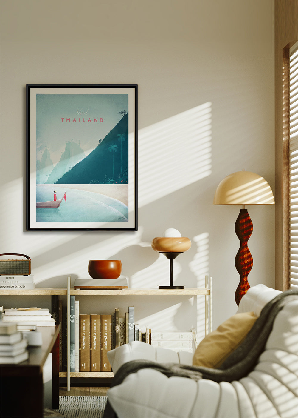 Reseaffisch strandmotiv med brygga i vintagestil