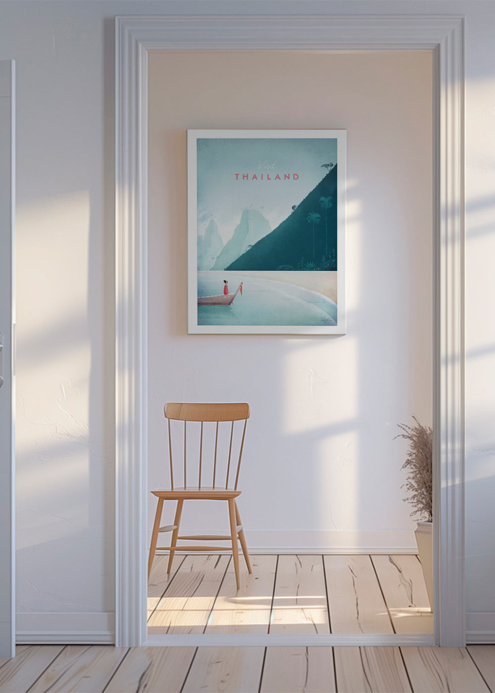Reseaffisch strandmotiv med brygga i vintagestil