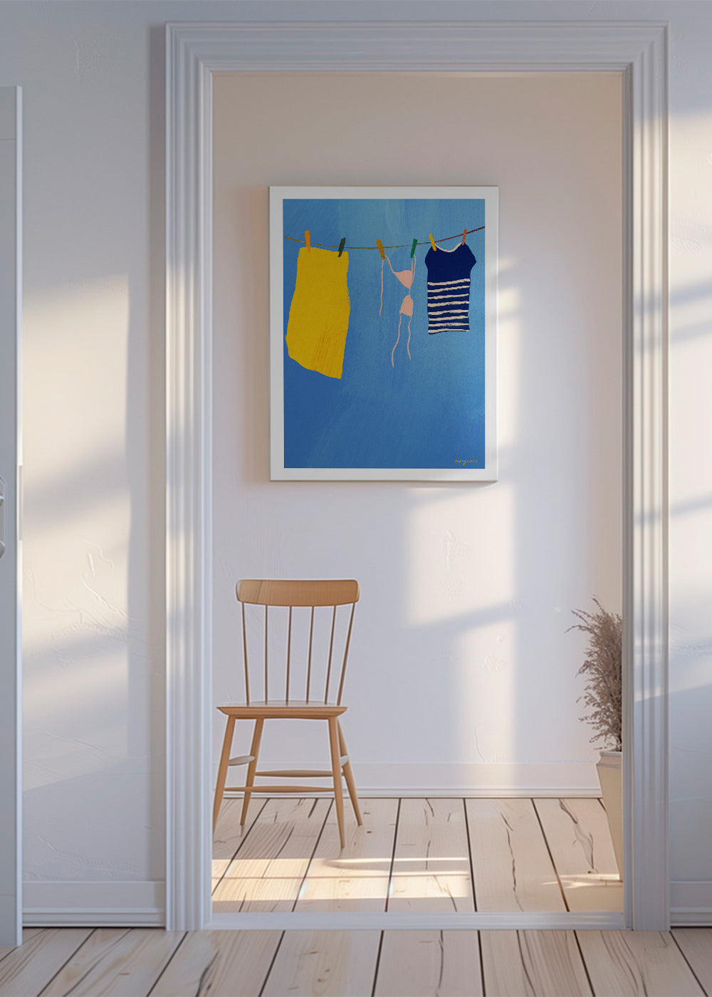 Illustration tvätt på lina mot blå bakgrund
