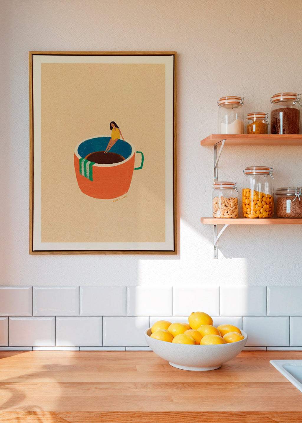 Kökskonst med illustrerad kaffekopp och figur – Canvas1