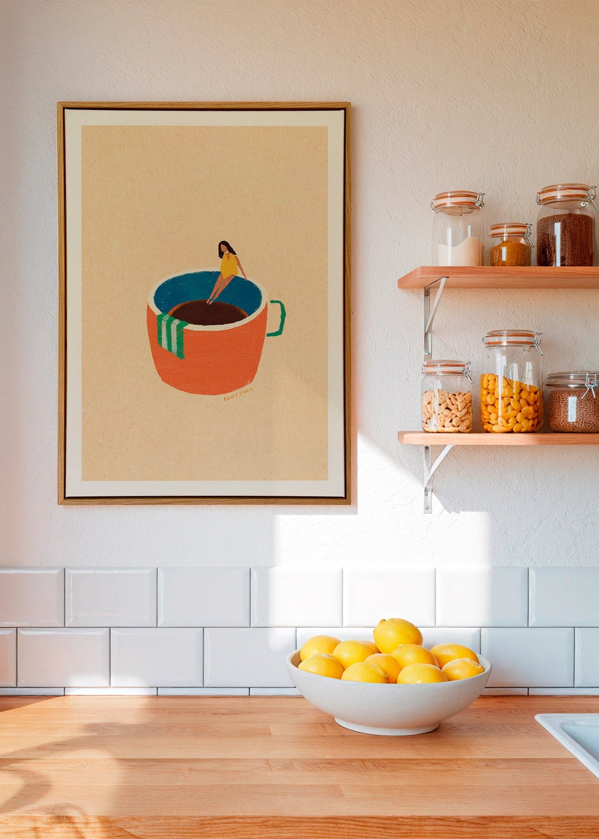 Kökskonst med illustrerad kaffekopp och figur – Canvas1