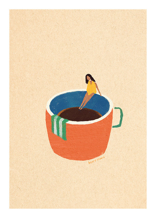 Kökskonst med illustrerad kaffekopp och figur