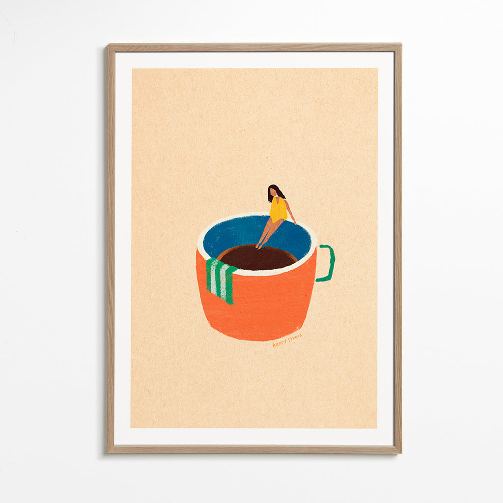 Kökskonst med illustrerad kaffekopp och figur – Oak Frame