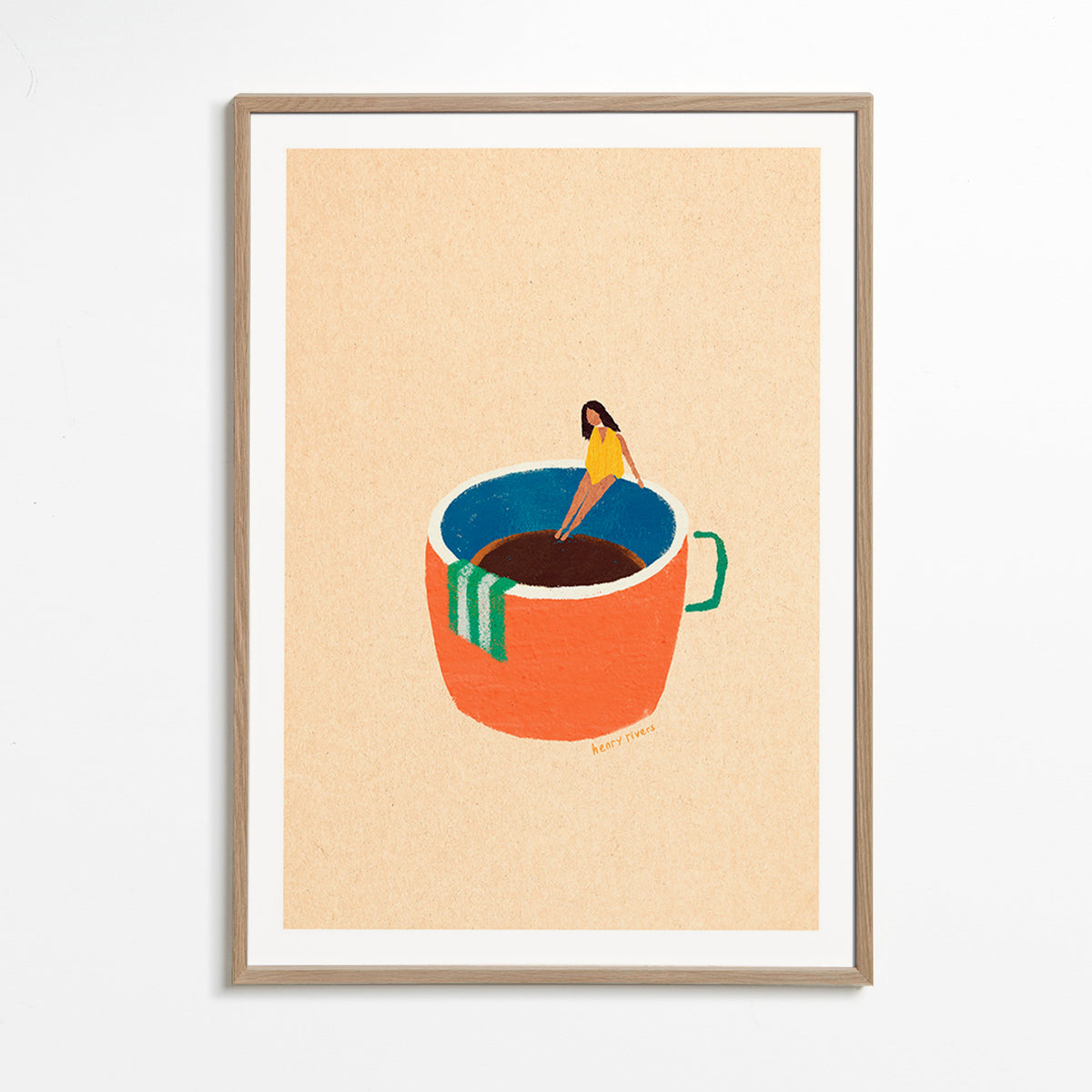 Kökskonst med illustrerad kaffekopp och figur – Oak Frame