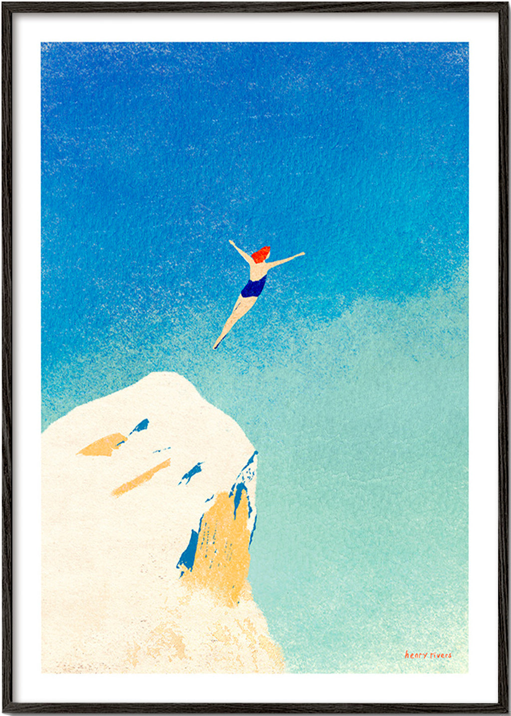 Illustration: klippdyk mot vid blå himmel – Black Frame