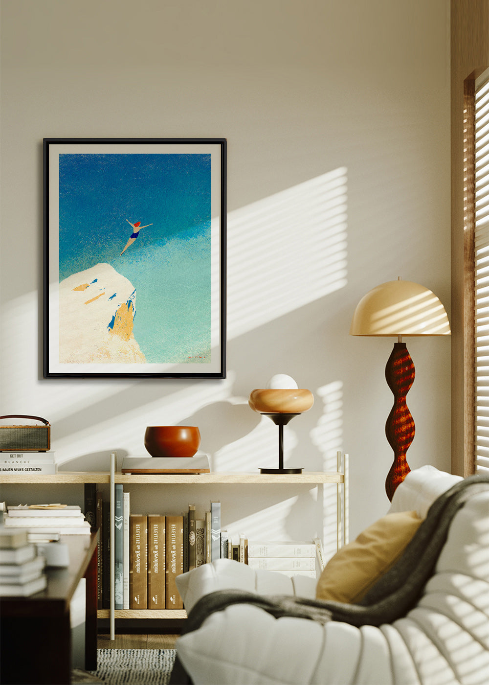 Illustration: klippdyk mot vid blå himmel – Canvas2