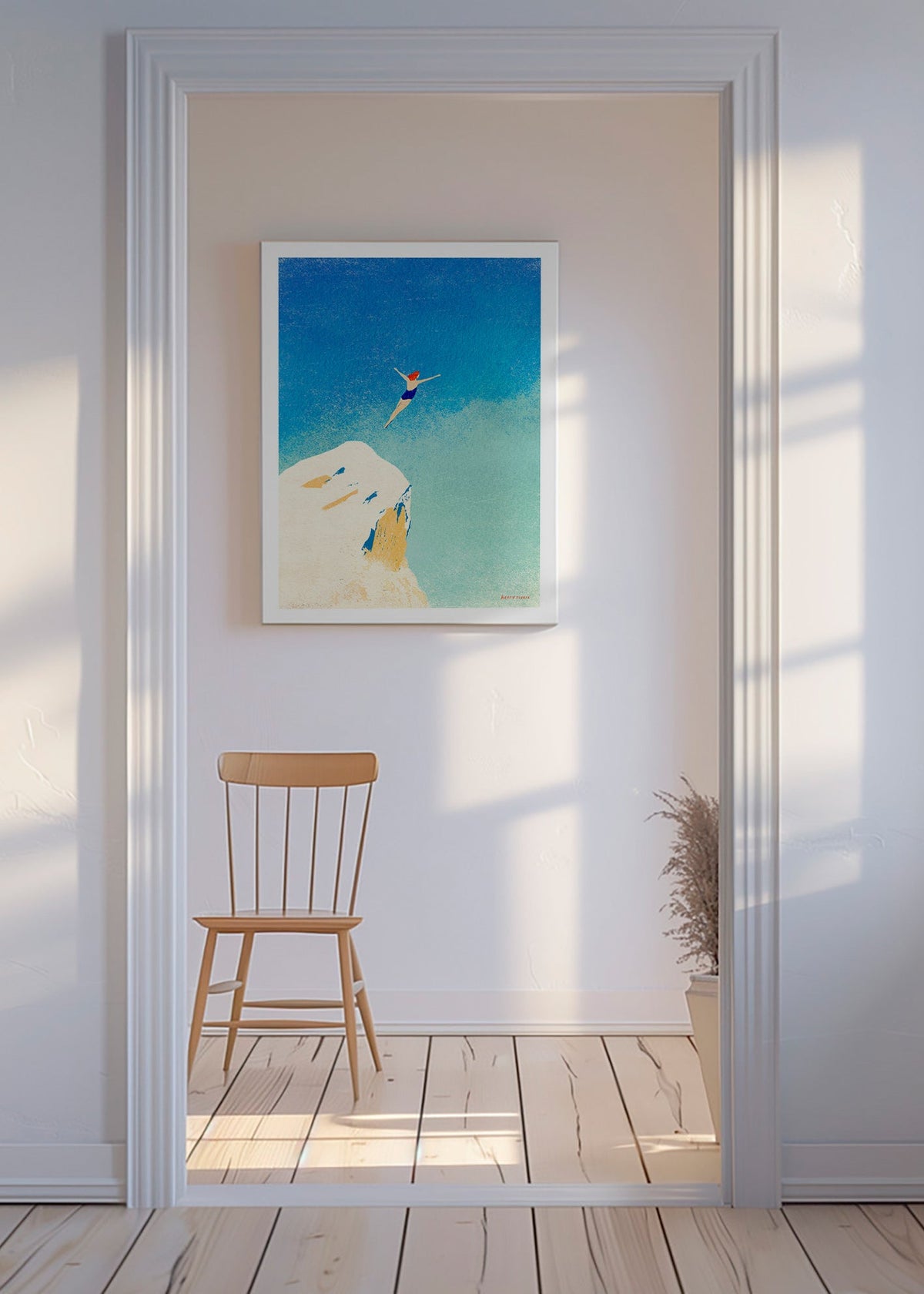 Illustration: klippdyk mot vid blå himmel – Canvas