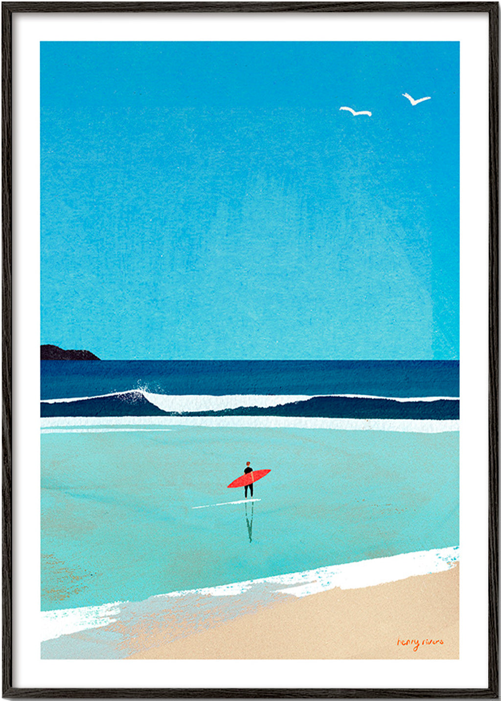 Sportkonst: surfare vid stranden – Black Frame
