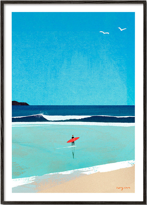 Sportkonst: surfare vid stranden – Black Frame