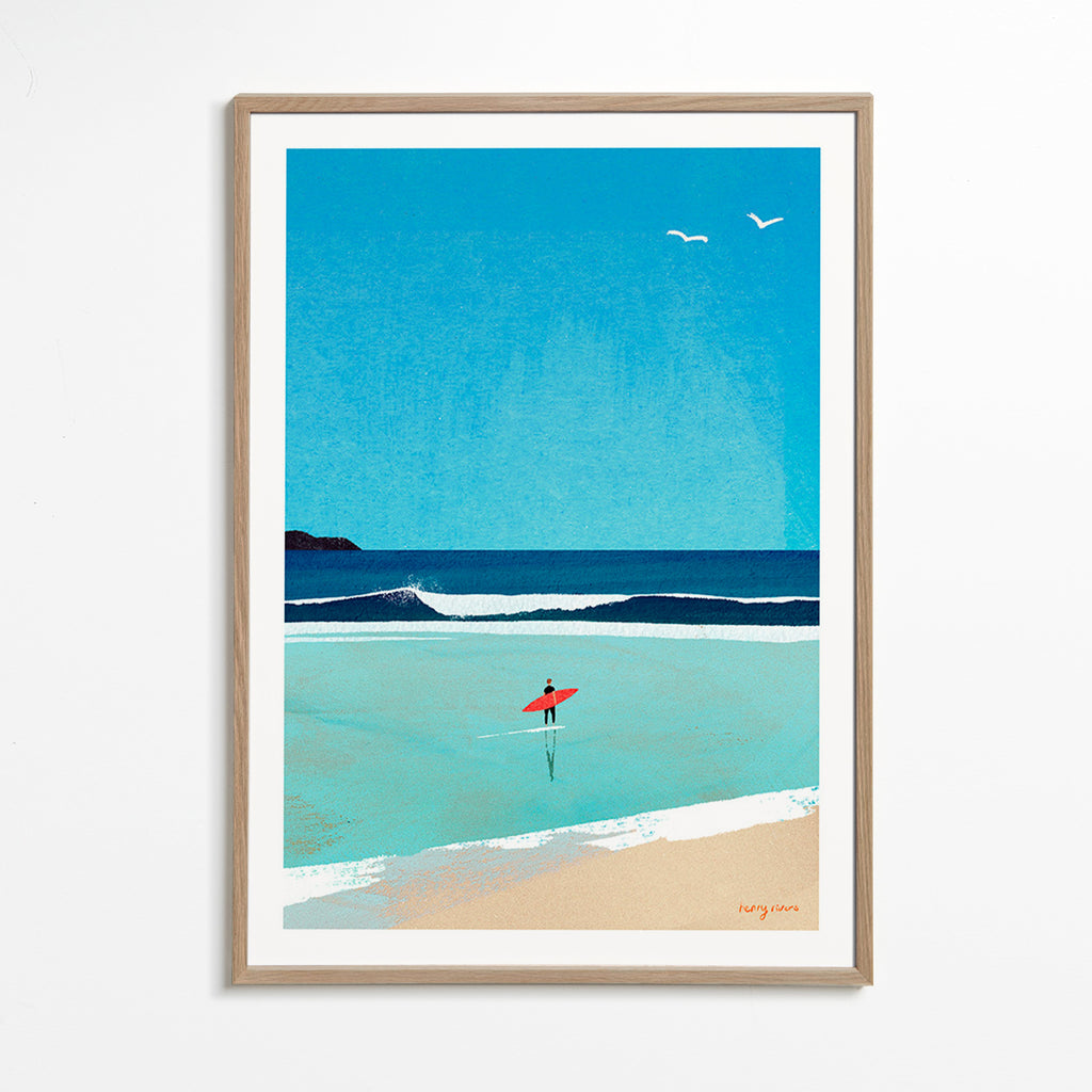 Sportkonst: surfare vid stranden – Oak Frame