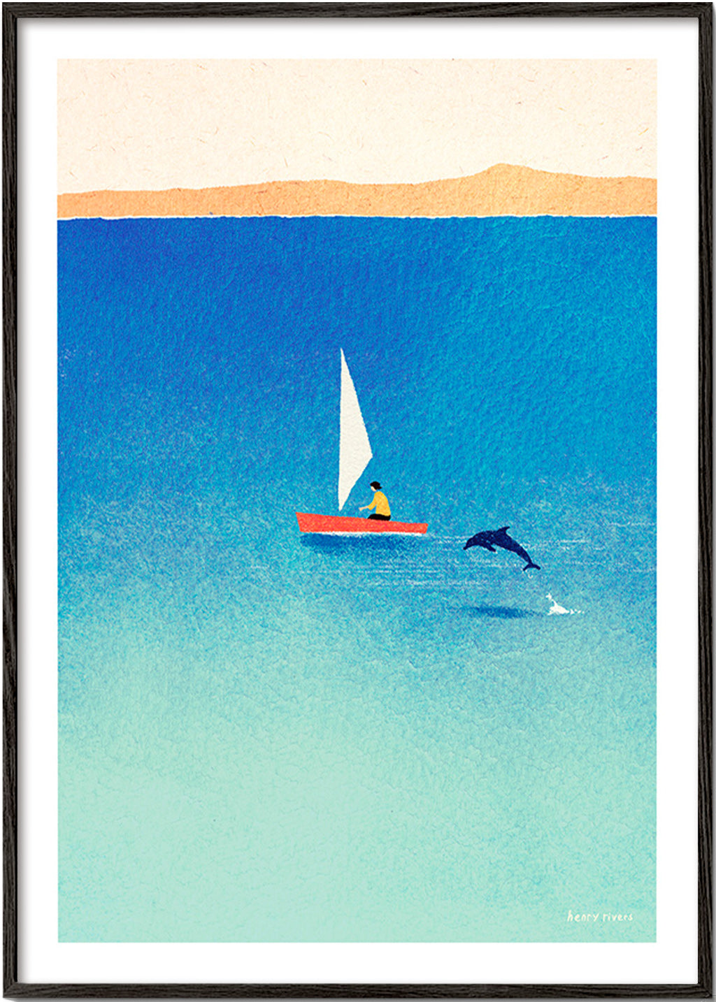 Konstverk med delfin och segelbåt i blått hav – Black Frame
