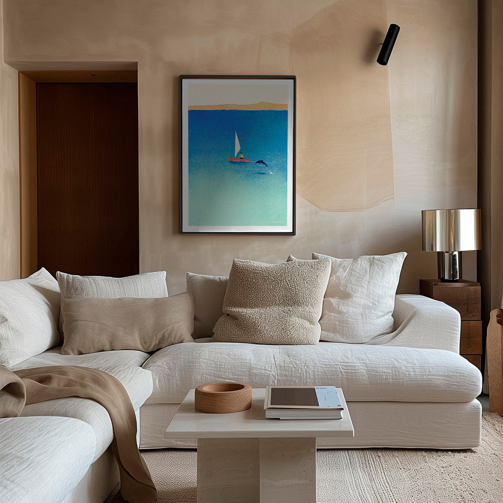 Konstverk med delfin och segelbåt i blått hav – Canvas1