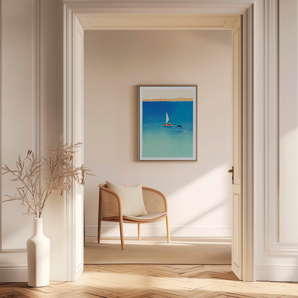 Konstverk med delfin och segelbåt i blått hav – Canvas2