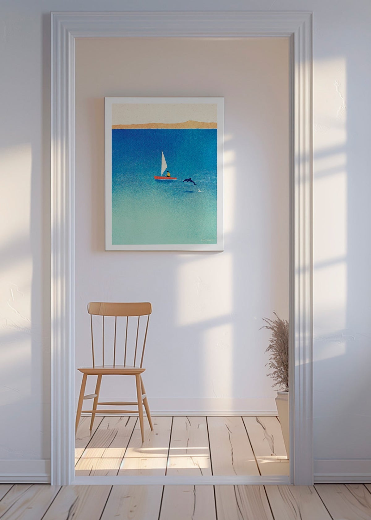 Konstverk med delfin och segelbåt i blått hav – Canvas