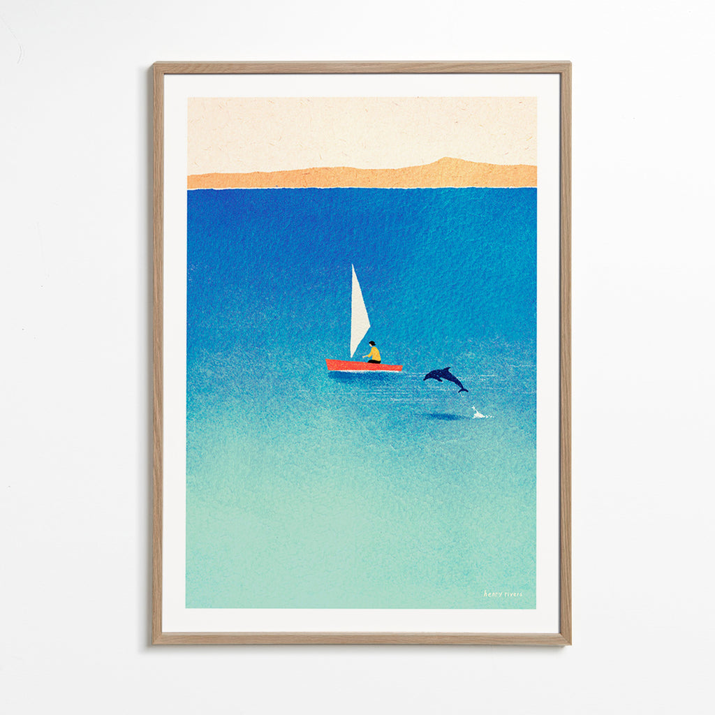 Konstverk med delfin och segelbåt i blått hav – Oak Frame