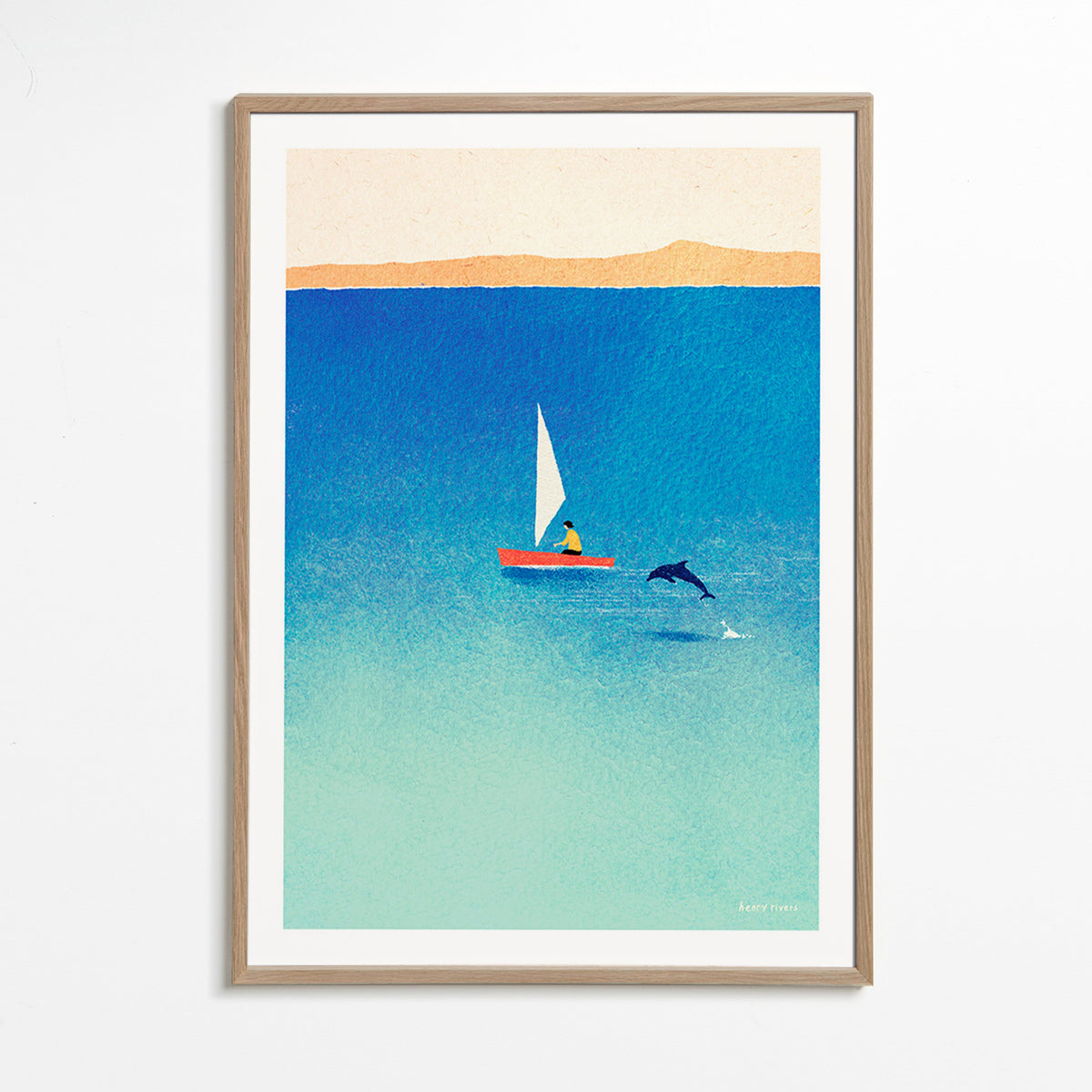 Konstverk med delfin och segelbåt i blått hav – Oak Frame