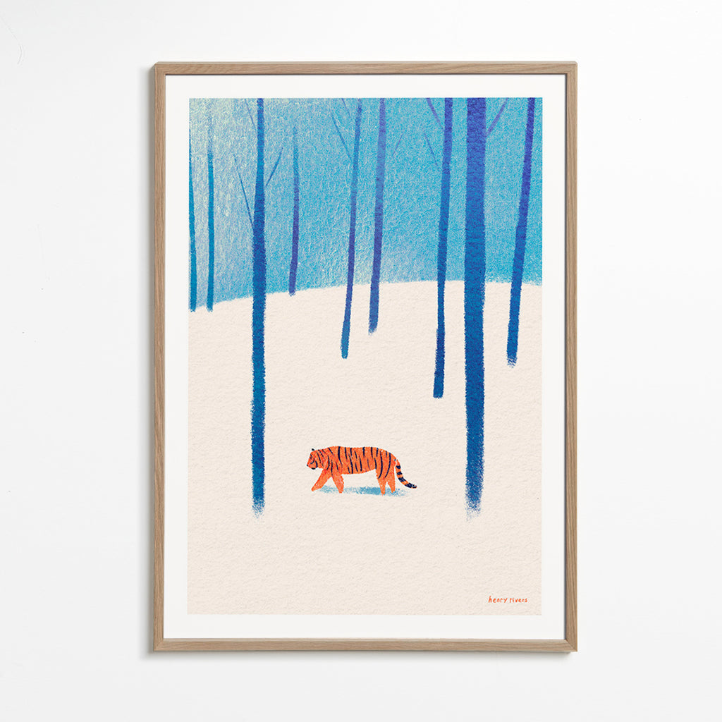 Tavla tiger i snön – Oak Frame