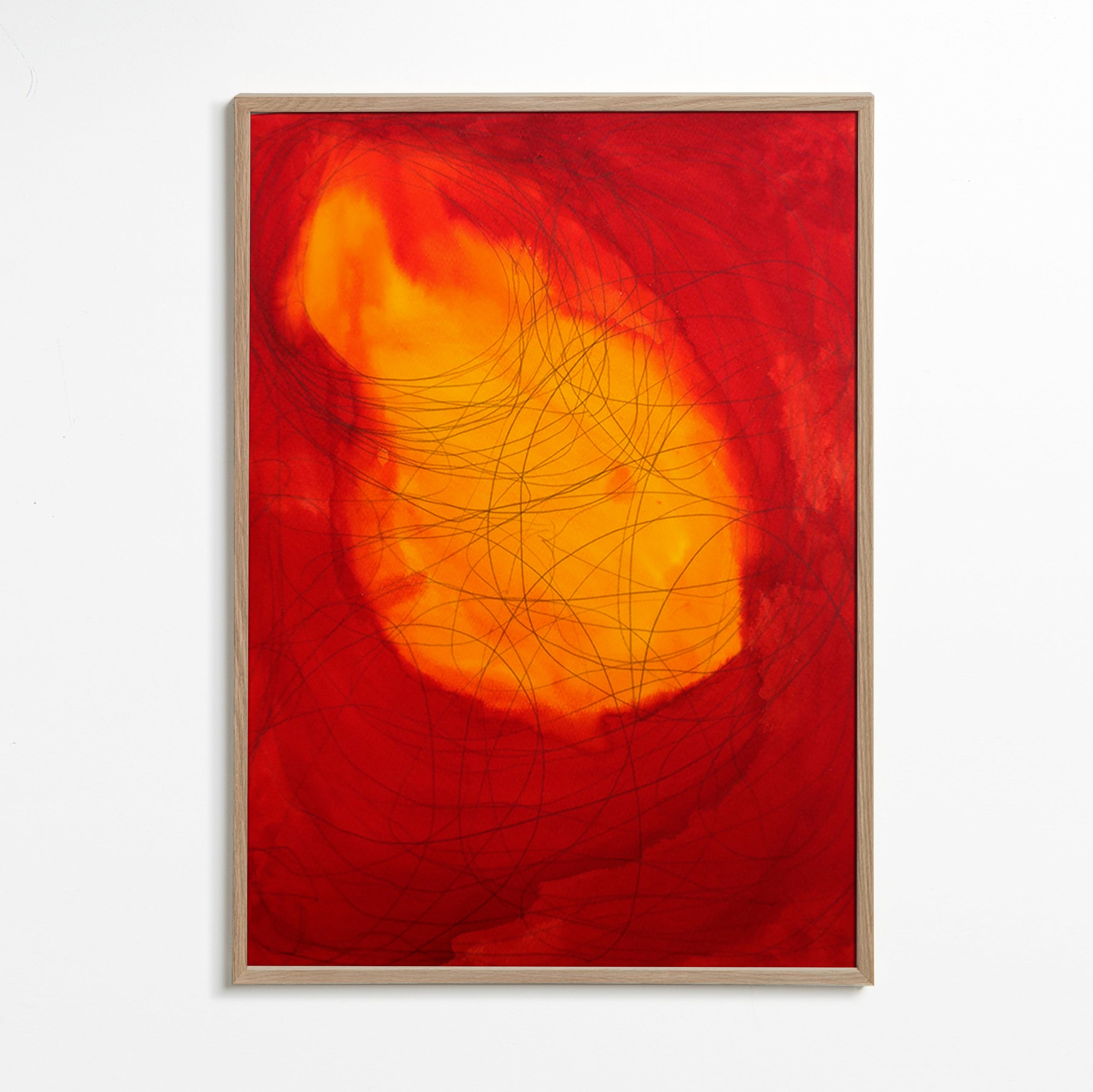 Abstrakt konst i rött och gult – Oak Frame