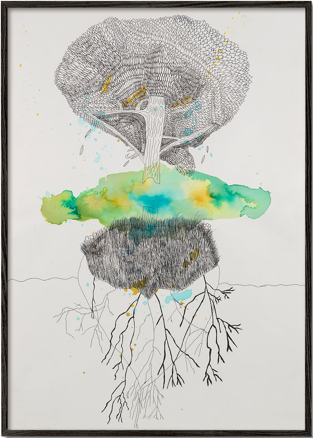 Botanisk print träd och rötter i bläck och akvarell – Black Frame