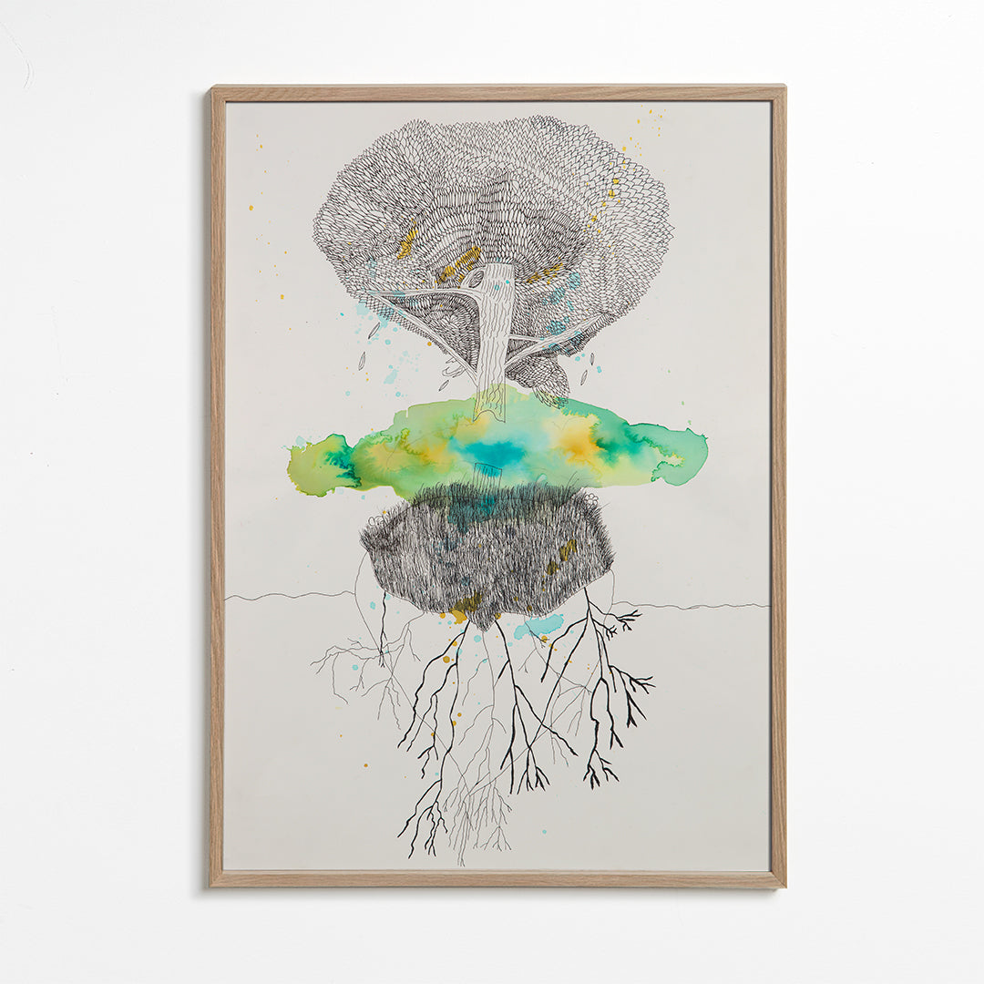 Botanisk print träd och rötter i bläck och akvarell – Oak Frame