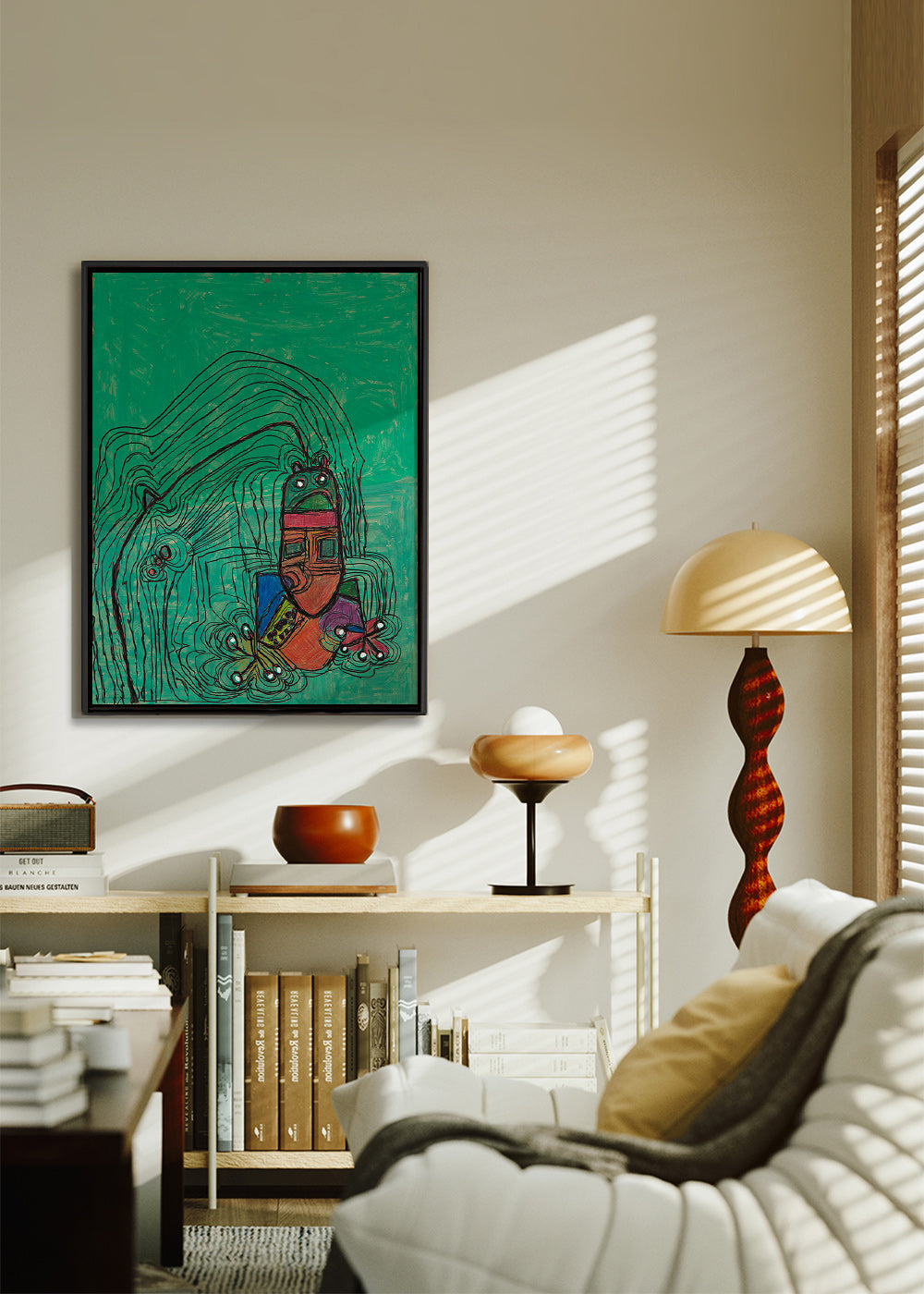 Lekfull illustration med figur på grön bakgrund – Canvas2