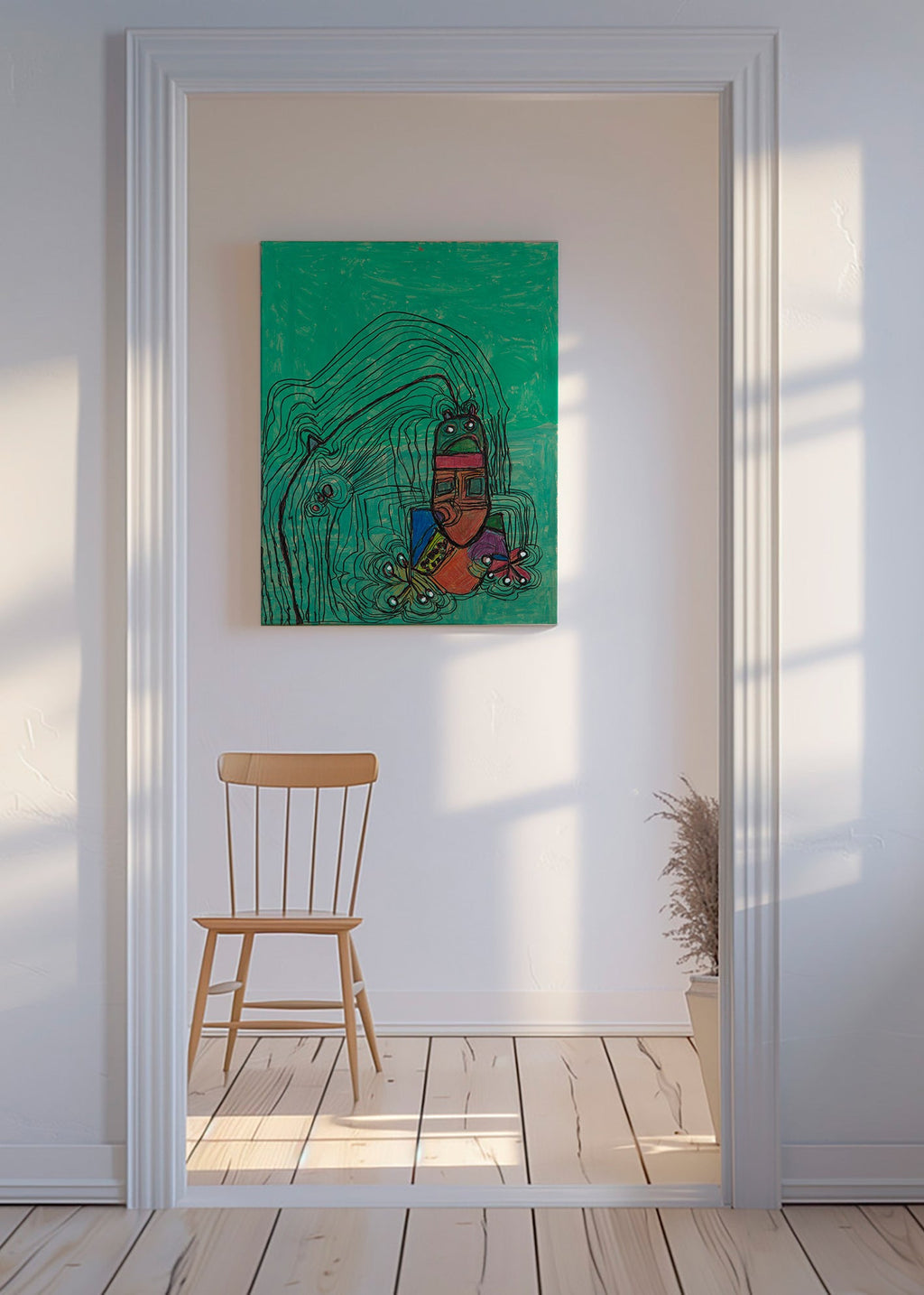 Lekfull illustration med figur på grön bakgrund – Canvas