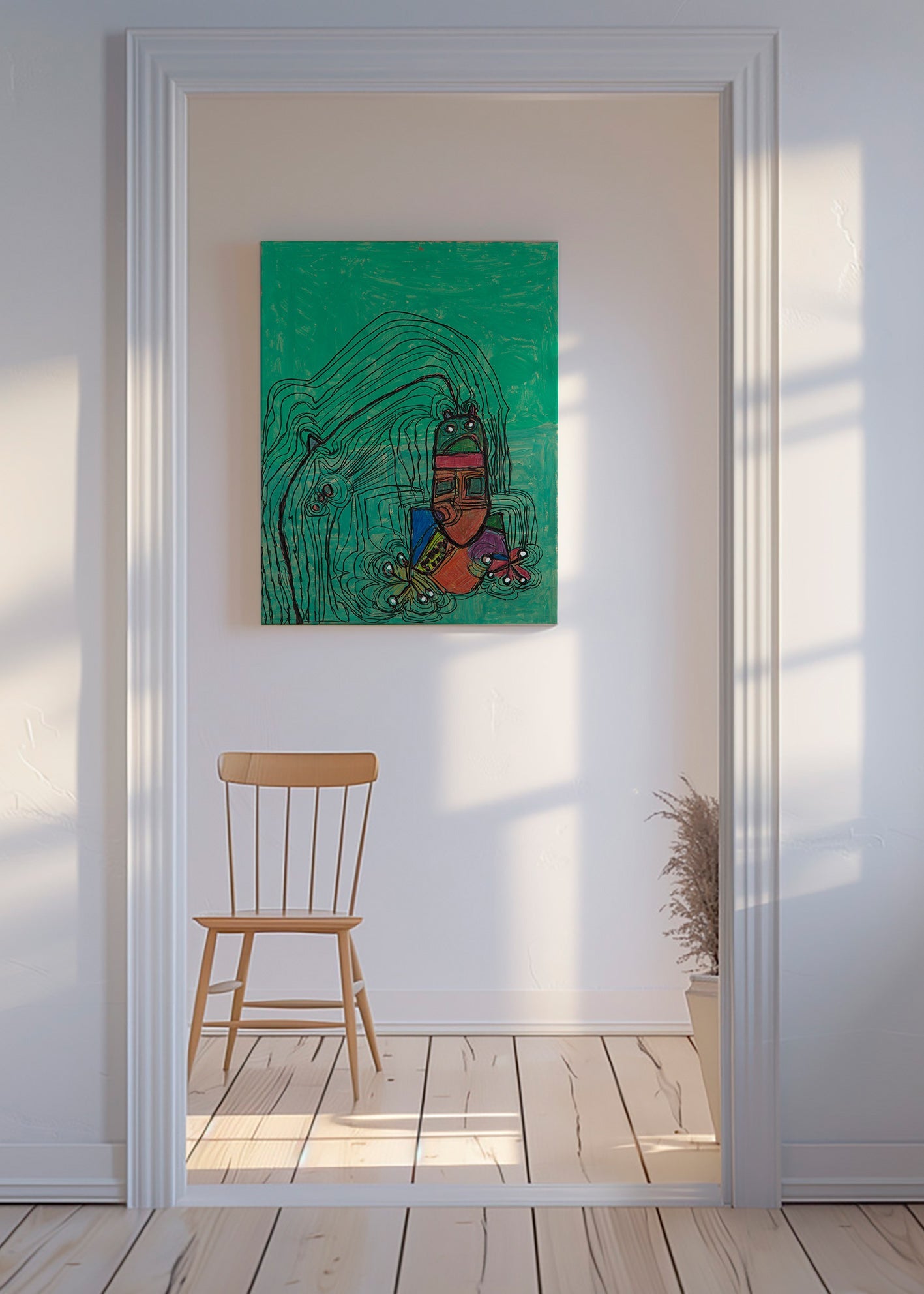 Lekfull illustration med figur på grön bakgrund – Canvas