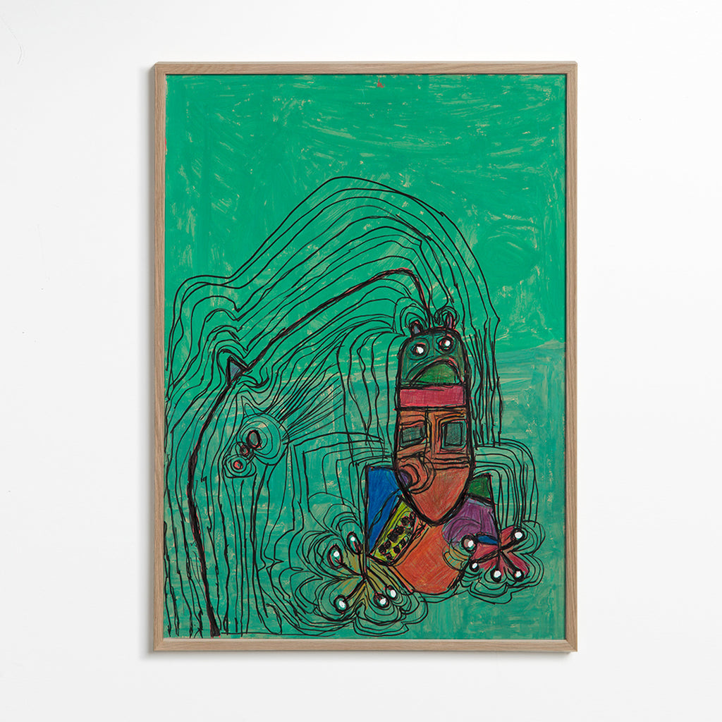 Lekfull illustration med figur på grön bakgrund – Oak Frame
