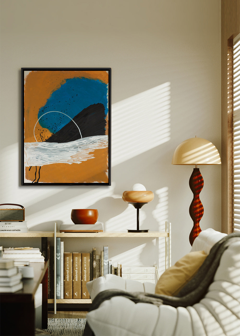 Abstrakt konst båge kust i ockra och blå – Canvas2