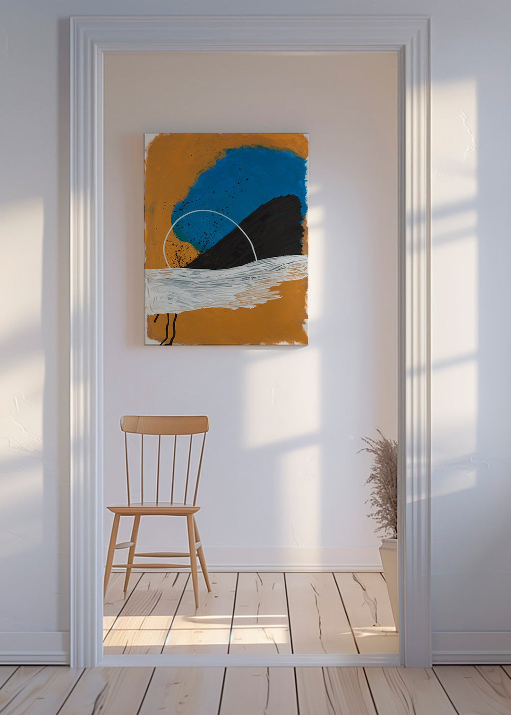 Abstrakt konst båge kust i ockra och blå – Canvas