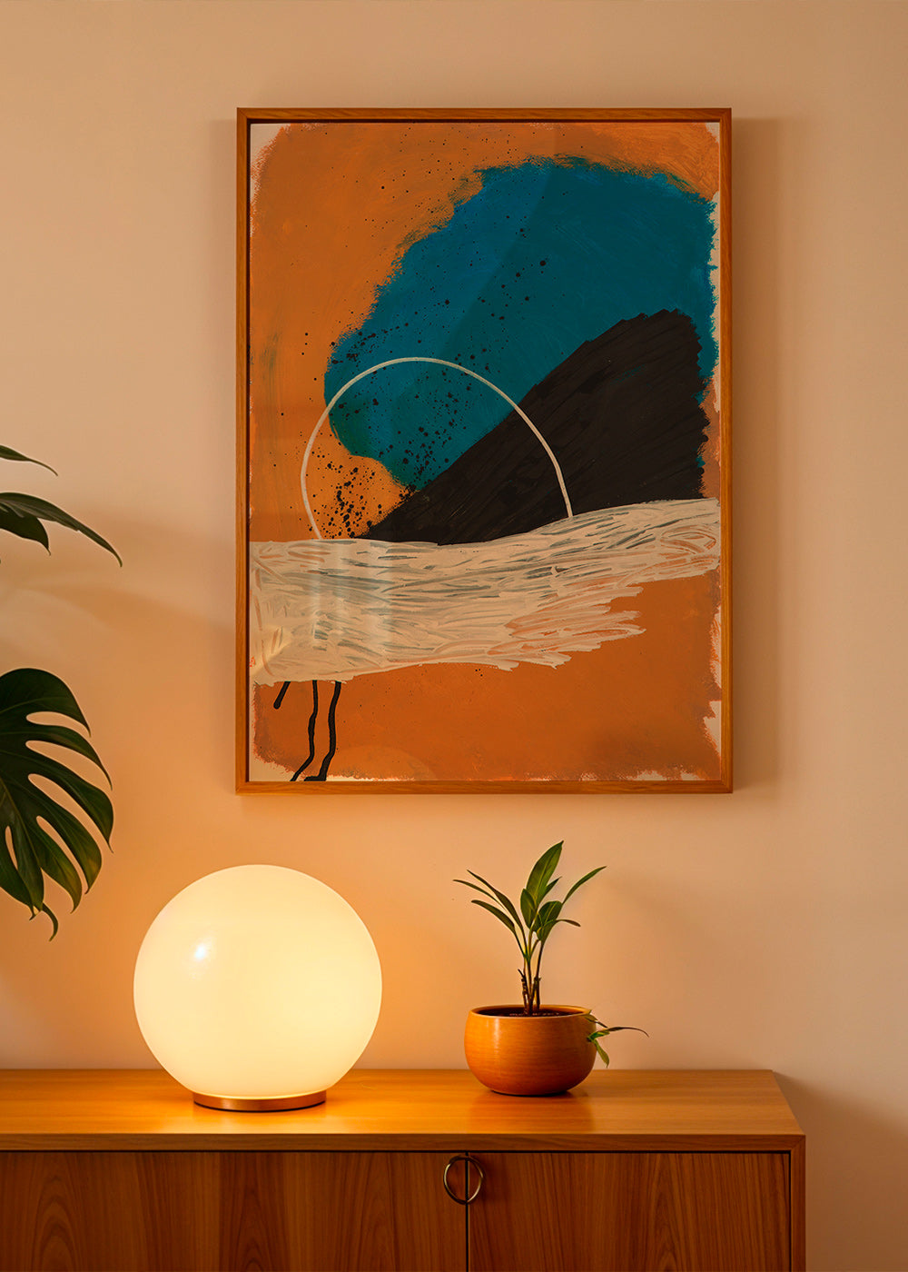 Abstrakt konst båge kust i ockra och blå – Product1