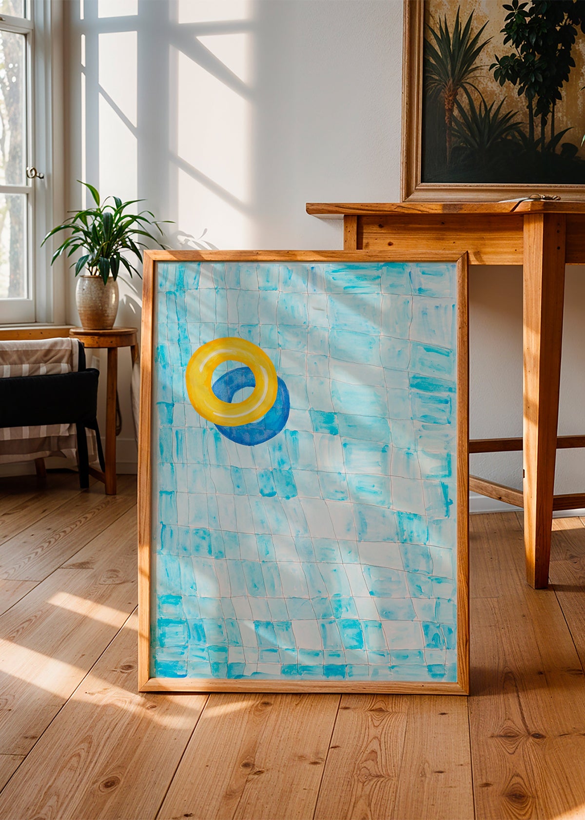 Minimalistiskt konstverk med gul badring – Product1