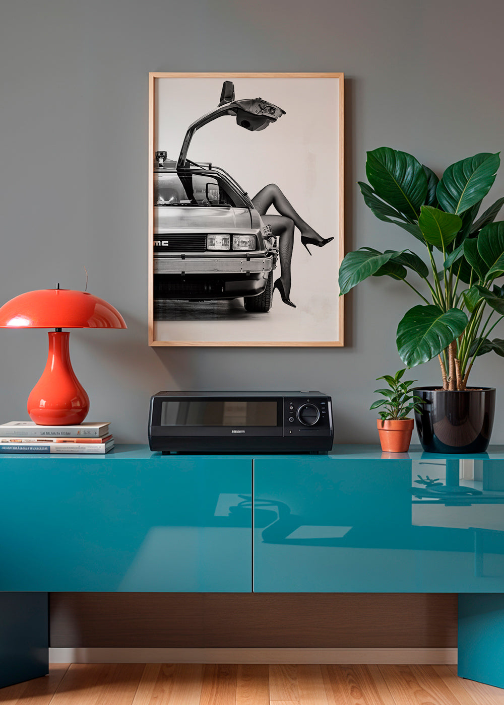 Svartvit konst: DeLorean med stiliserade ben