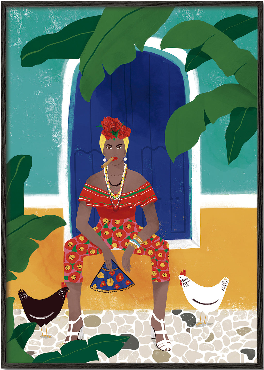 Illustration kvinna sittande bland tropiska blad
