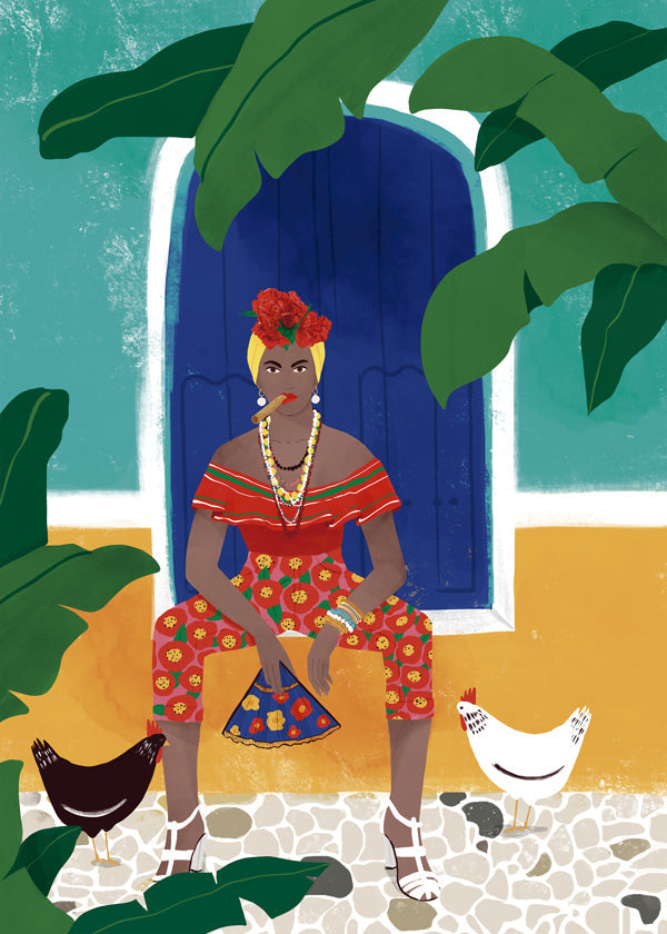 Illustration kvinna sittande bland tropiska blad