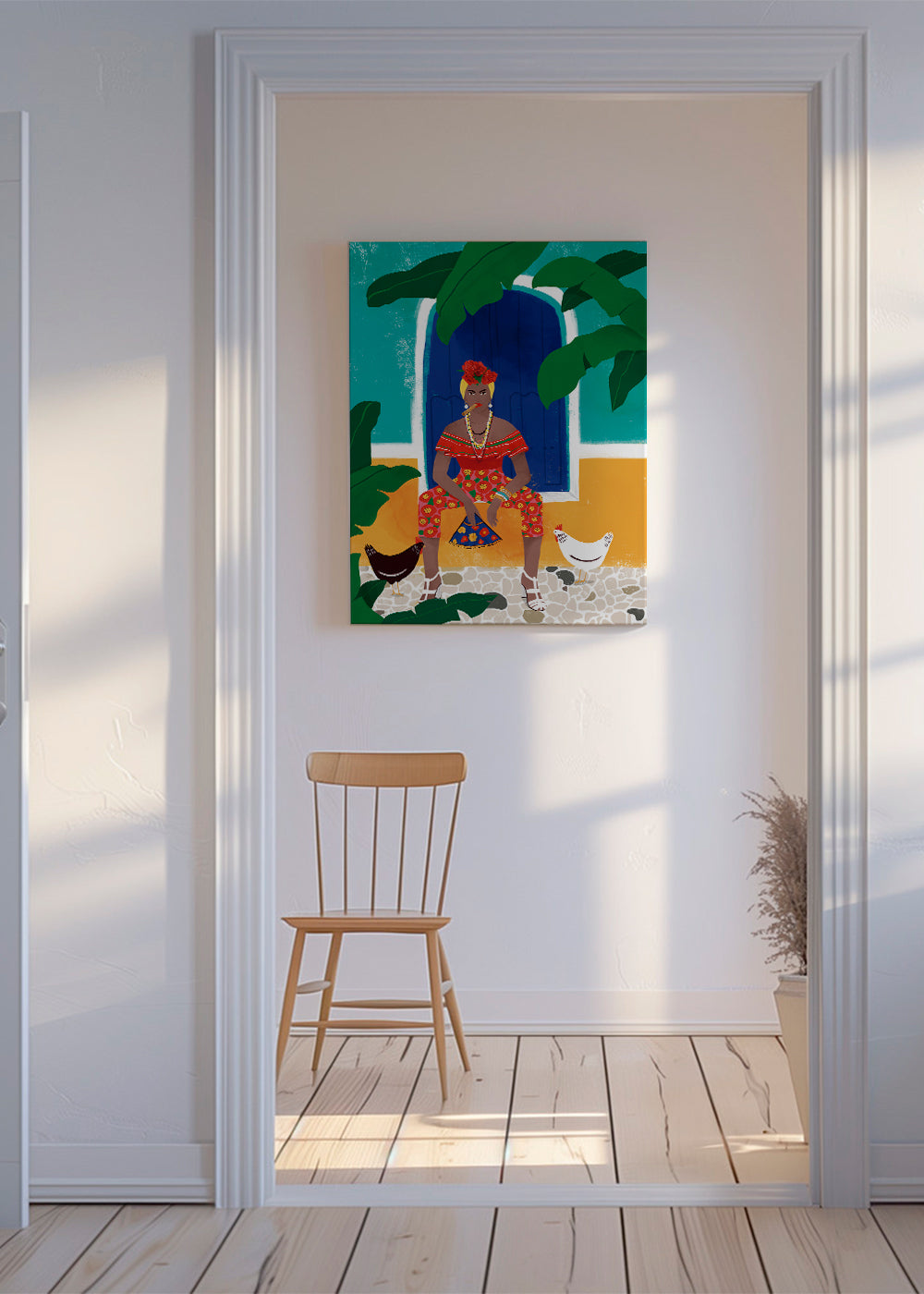 Illustration kvinna sittande bland tropiska blad