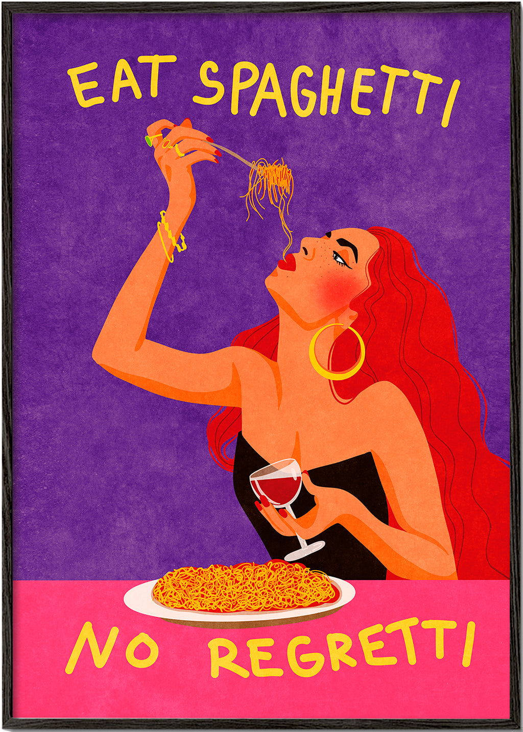 Kökskonst pop-illustration: kvinna äter spaghetti