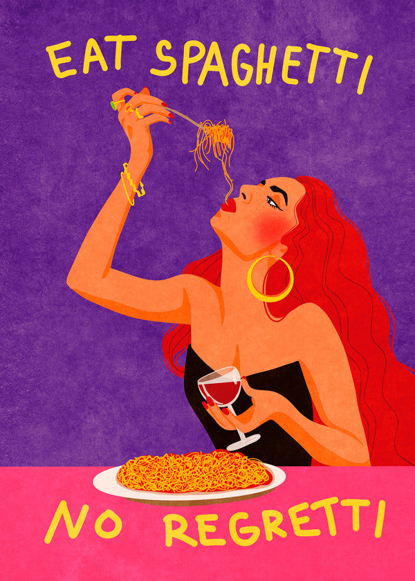 Kökskonst pop-illustration: kvinna äter spaghetti