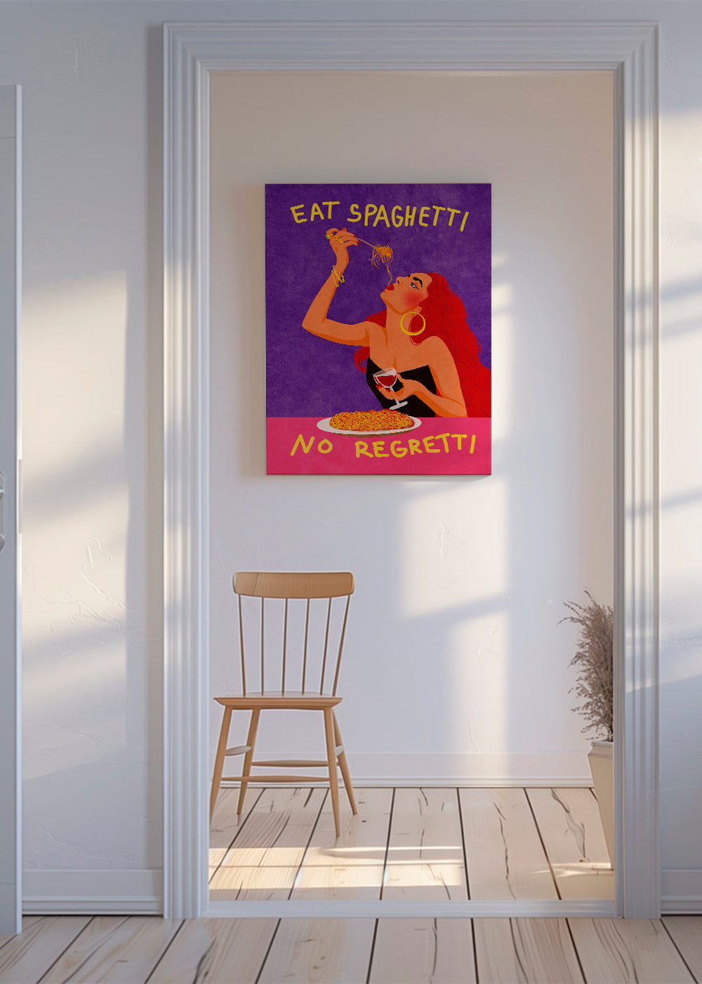 Kökskonst pop-illustration: kvinna äter spaghetti