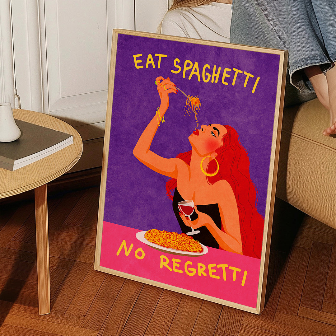 Kökskonst pop-illustration: kvinna äter spaghetti