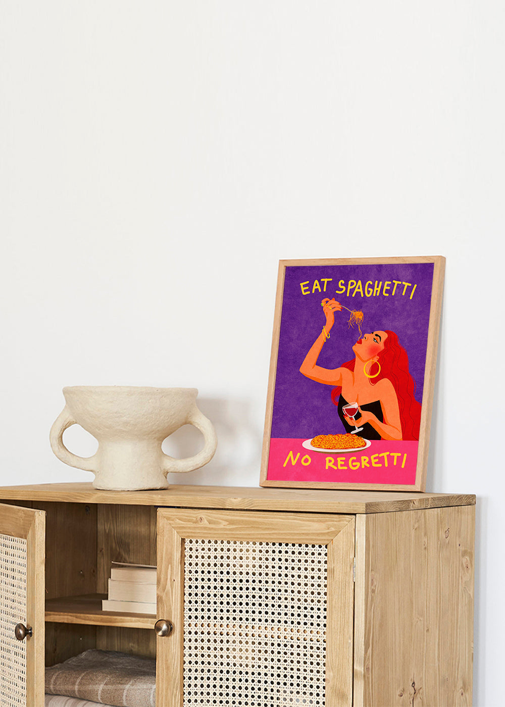 Kökskonst pop-illustration: kvinna äter spaghetti