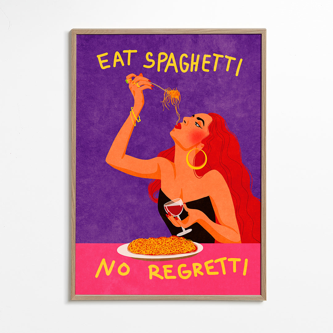 Kökskonst pop-illustration: kvinna äter spaghetti