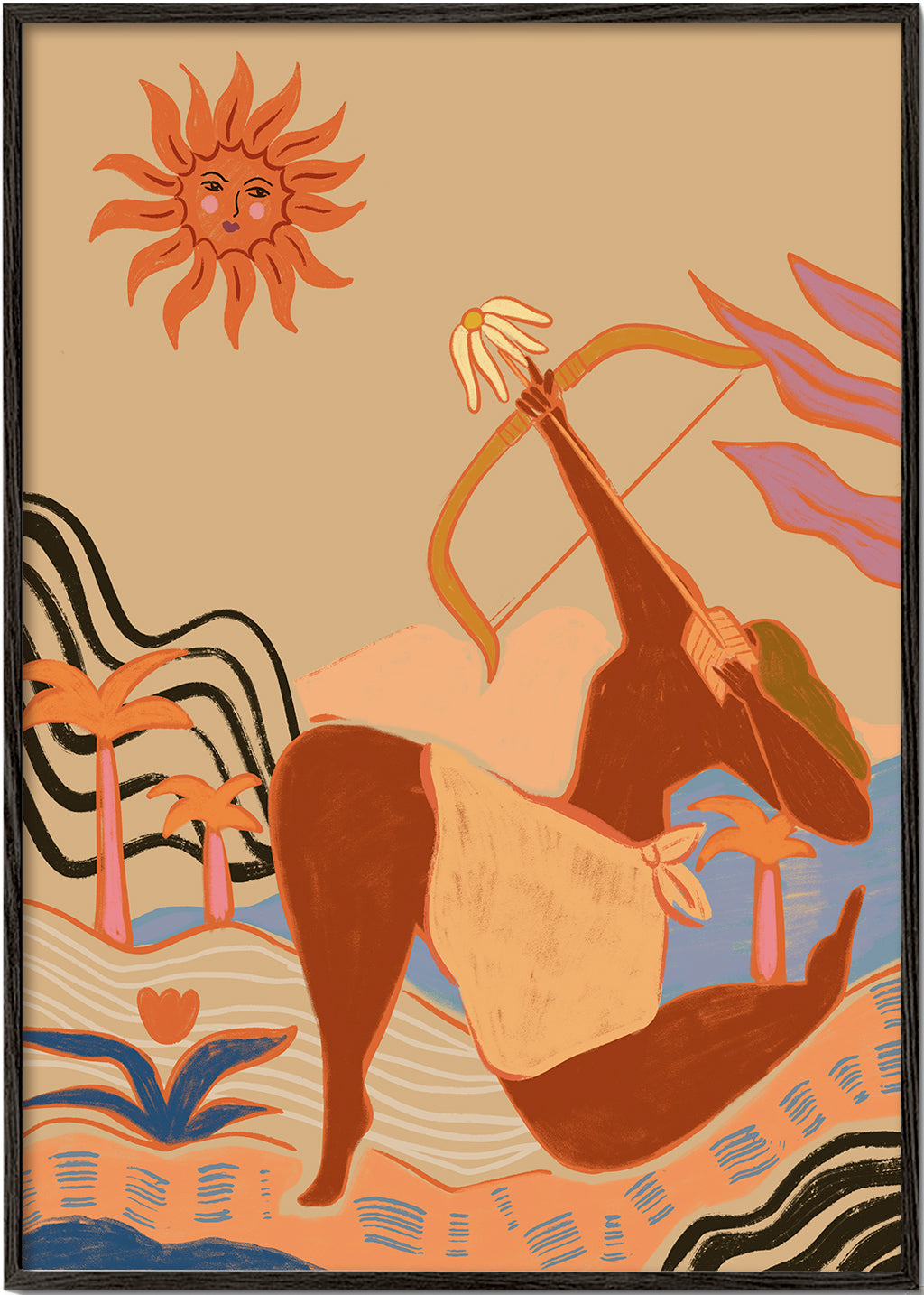 Illustration sol och bågskytt i varma toner