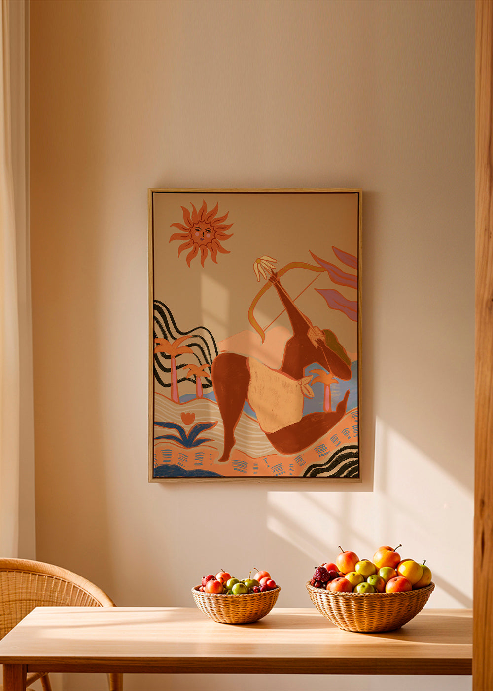 Illustration sol och bågskytt i varma toner