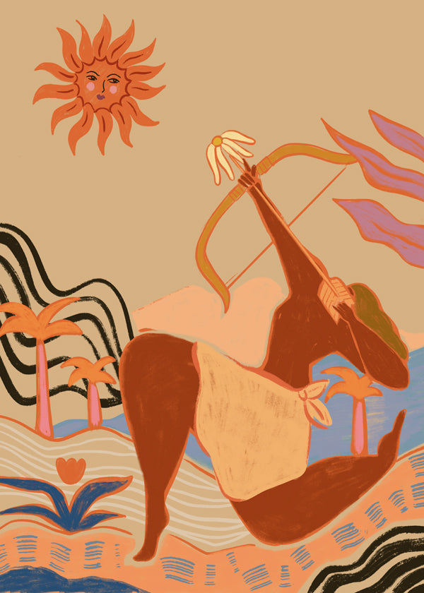 Illustration sol och bågskytt i varma toner