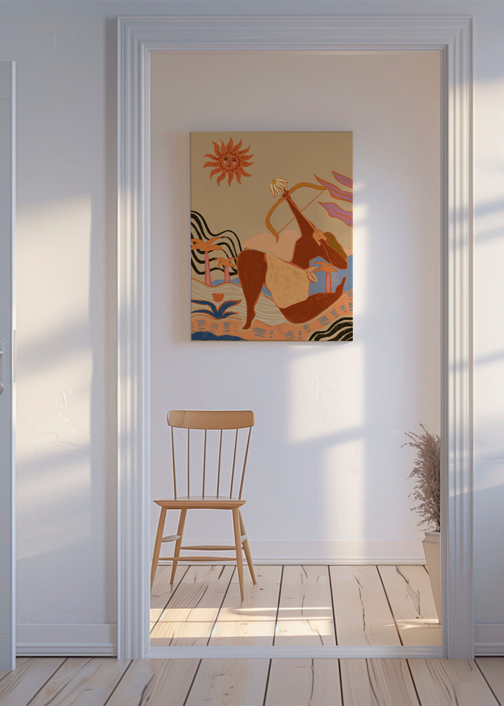 Illustration sol och bågskytt i varma toner