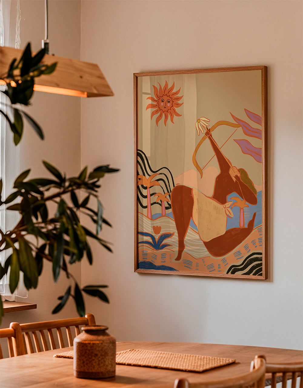 Illustration sol och bågskytt i varma toner