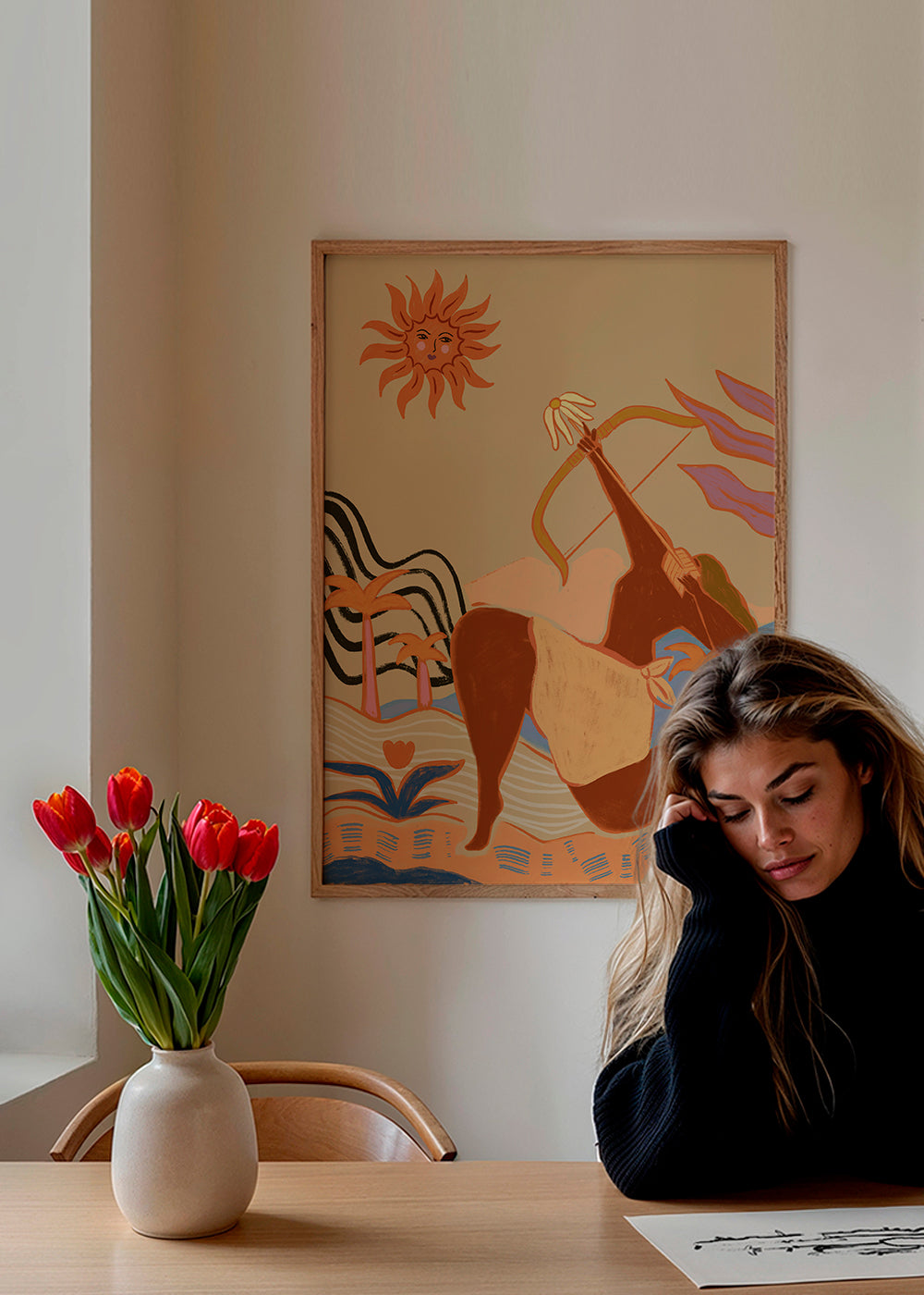 Illustration sol och bågskytt i varma toner