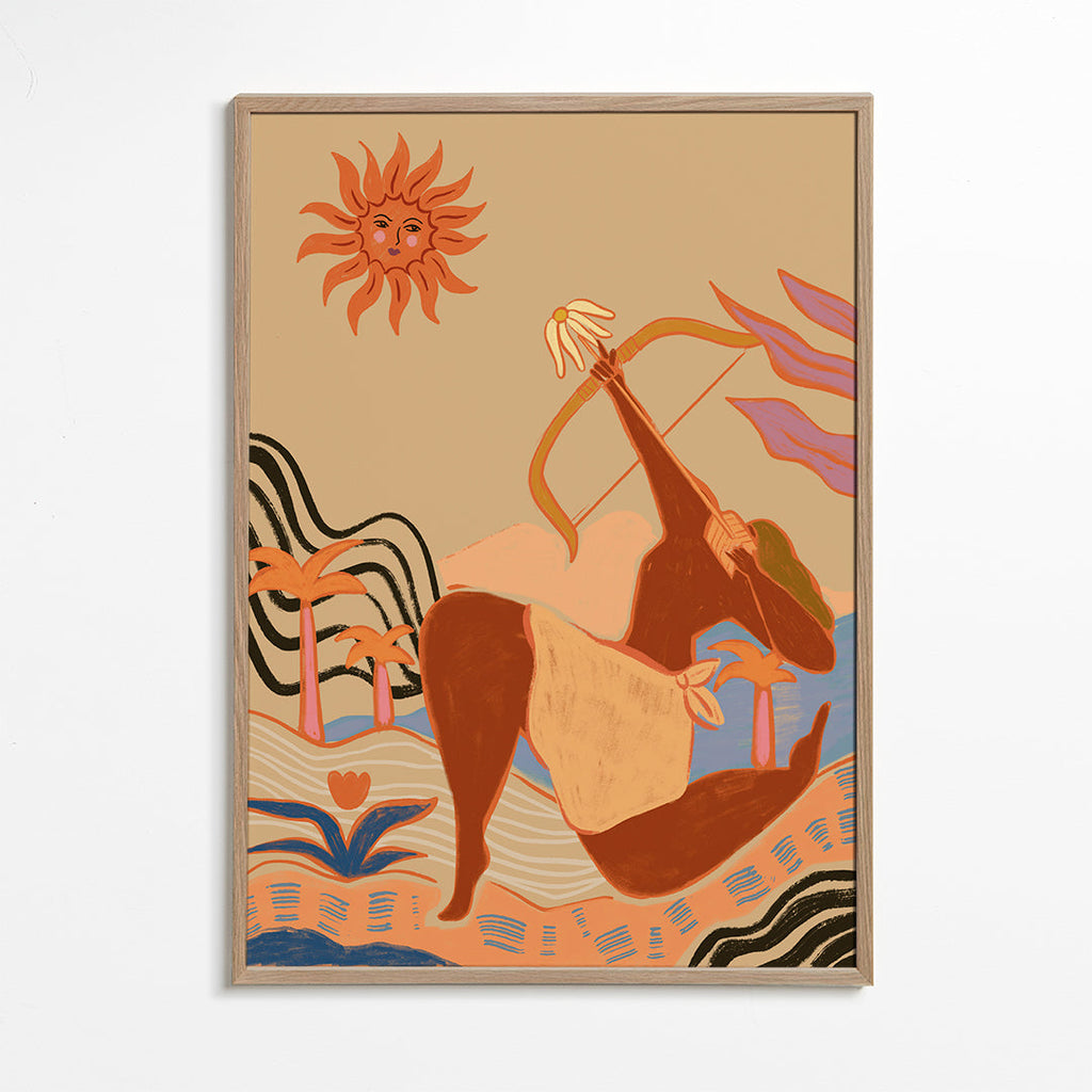Illustration sol och bågskytt i varma toner